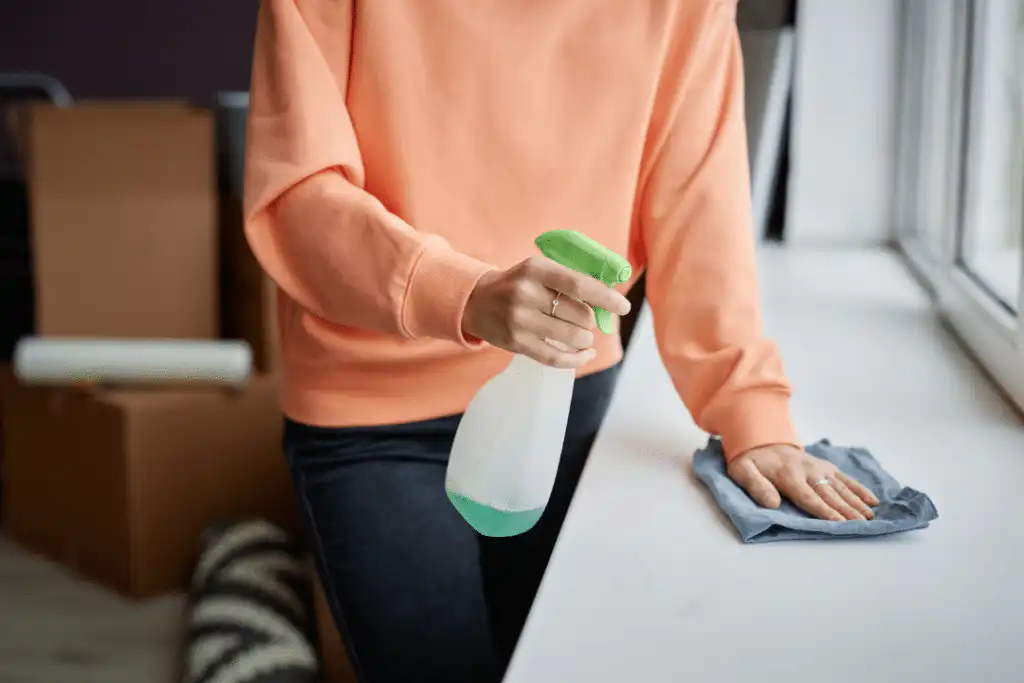 Cleaner spraying solution and wiping surface, highlighting precise deep cleaning for a polished result.